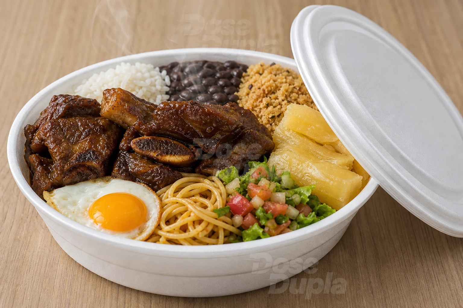 Costela suína com aipim, arroz, feijão, farofa, espaguete, salada e ovo